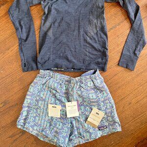 Women's Small Patagonia Baggies Shorts PFC-Free DWR + Sweaty Betty Navy Top